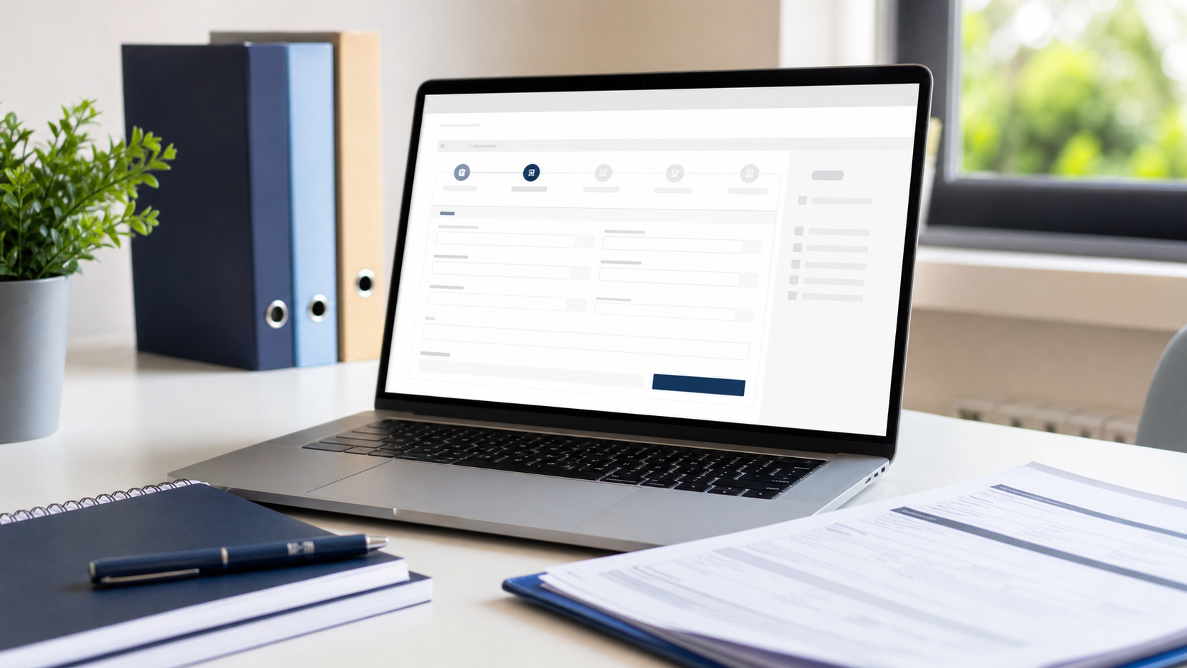 Laptop and documents prepared for online registration